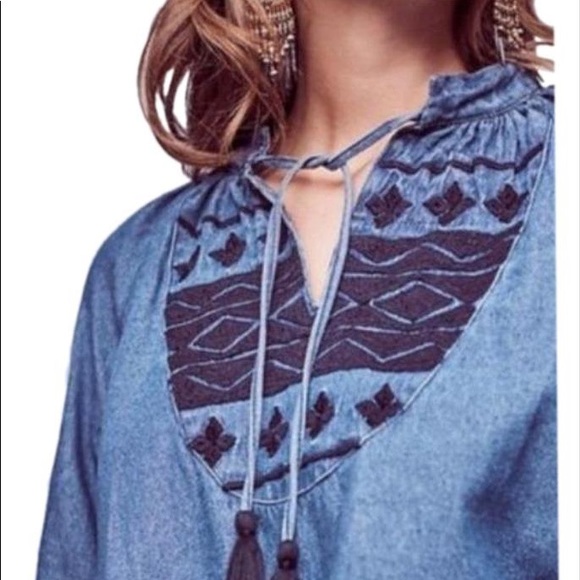 Blue Anthro Denim Chambray Embroidered Swing Tassel Blouse - Picture 4 of 13